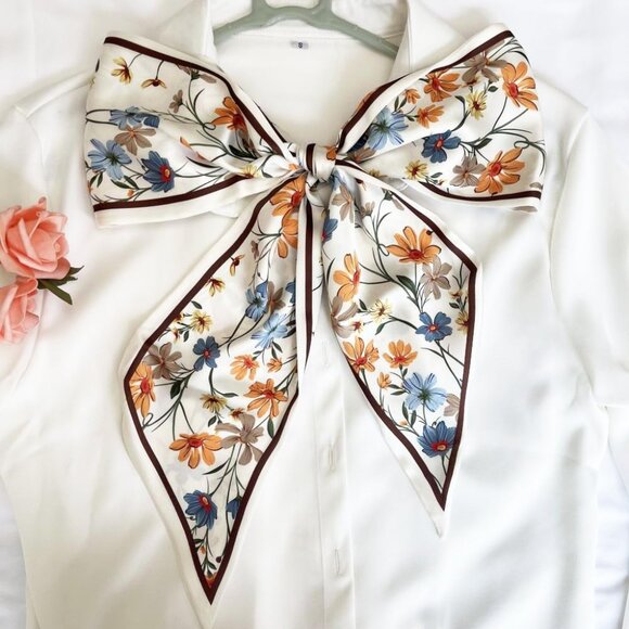 Elegant Yellow & Blue Floral Silk Head Scarf - Lightweight Neck Tie for Women - Picture 4 of 8